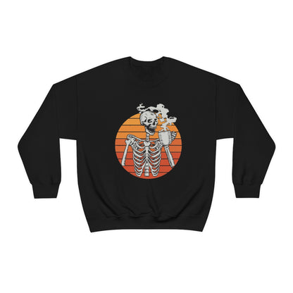 Skeleton Drinking Coffee Sweatshirt, Skeleton Sweater, Coffee Lover Sweatshirt, Halloween Crewneck Sweatshirt, Halloween Sweater, Spooky Season, Fall Shirts on Unisex Heavy Blend™ Crewneck Sweatshirt