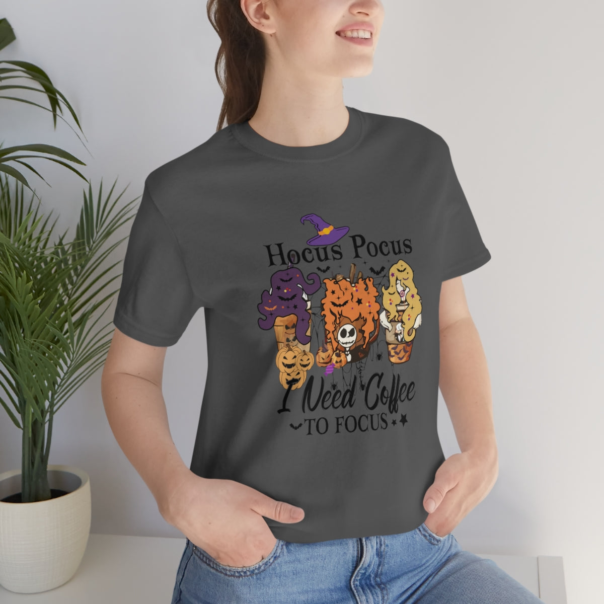 Hocus Pocus, I Need Coffee to Focus Halloween Tshirt, Funny Halloween T-Shirt Design on Unisex Jersey Short Sleeve Tee