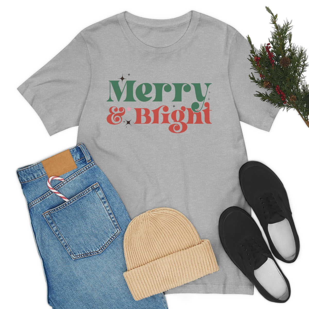 Retro Merry & Bright Vintage Style Christmas Xmas Holiday Tshirt