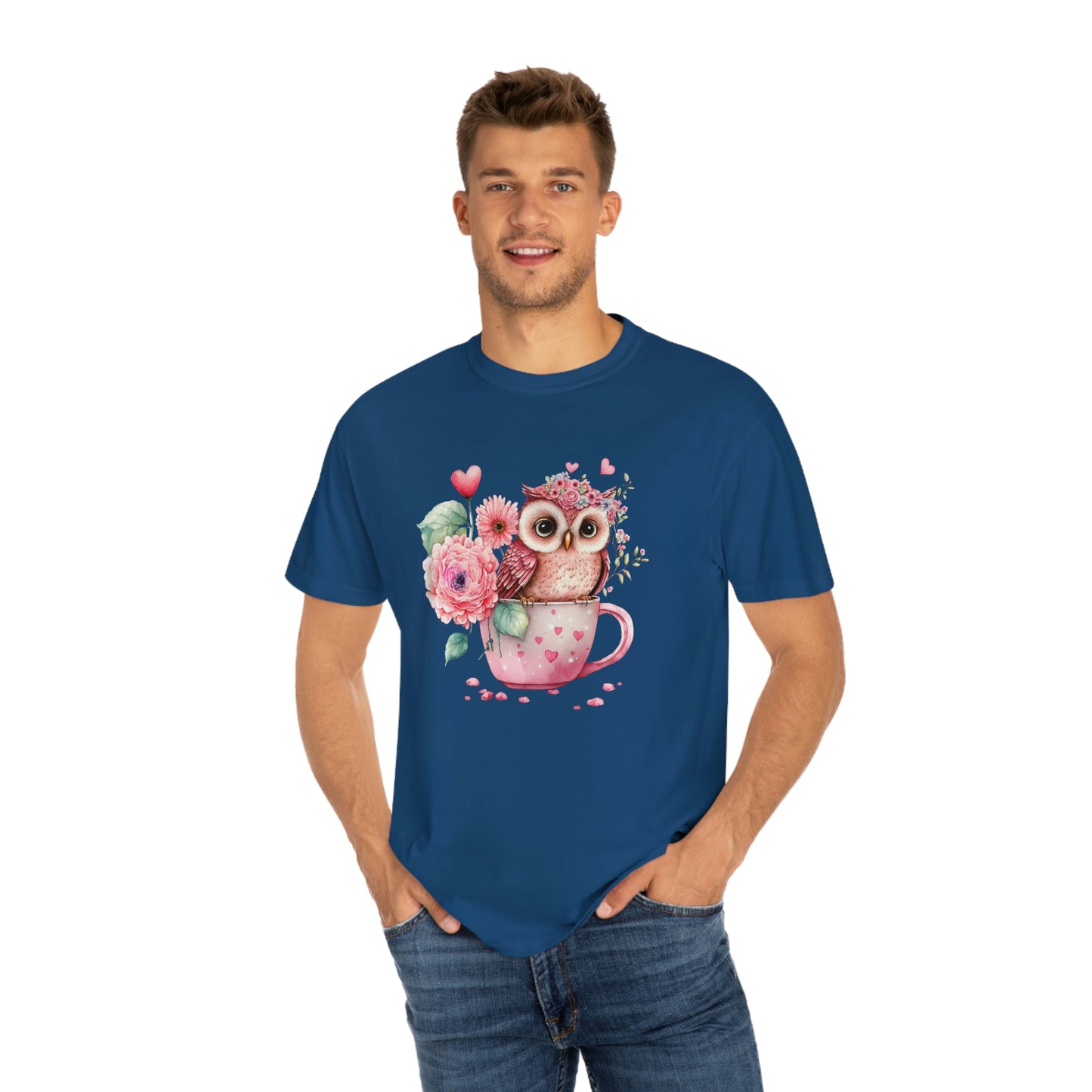 Cute Valentines Day Owl in Coffee Cup with Flowers Tshirt