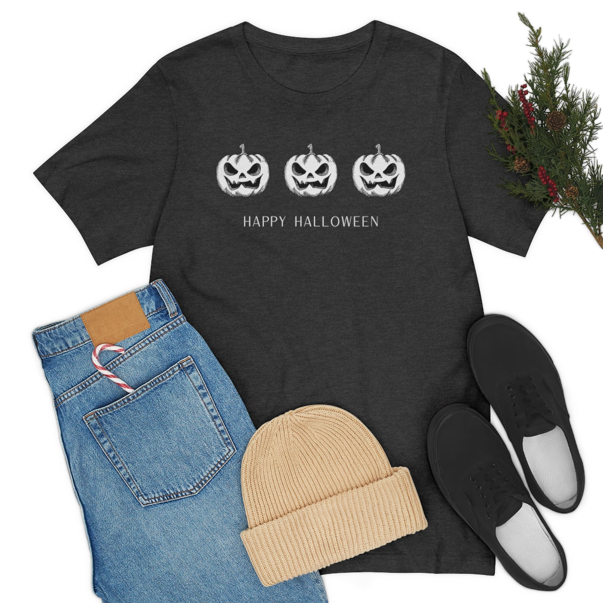 Three Pumpkin Happy Halloween, Pumpkin Tshirt, Funny TShirt Design on Unisex Jersey Short Sleeve Tee