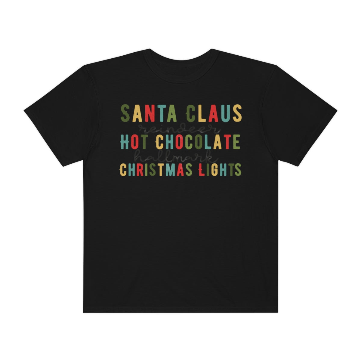 Santa Claus, Reindeer, Hot Chocolate, Hallmark & Christmas Lights Tshirt