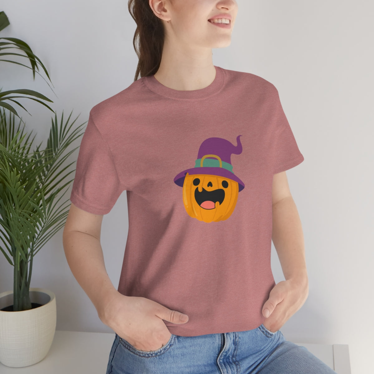 Pumpkin with Purple Hat Happy Halloween Tshirt, Funny Halloween T-Shirt Design on Unisex Jersey Short Sleeve Tee