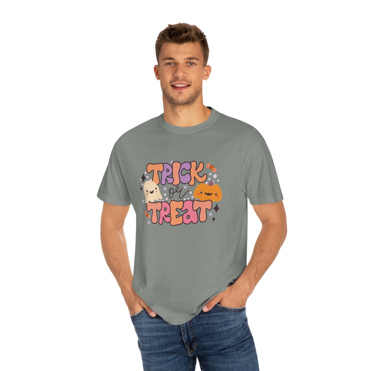 Trick or Treat Pumpkin Halloween Design, Halloween Tshirt, Funny Tshirt Design on Unisex Garment-Dyed T-shirt