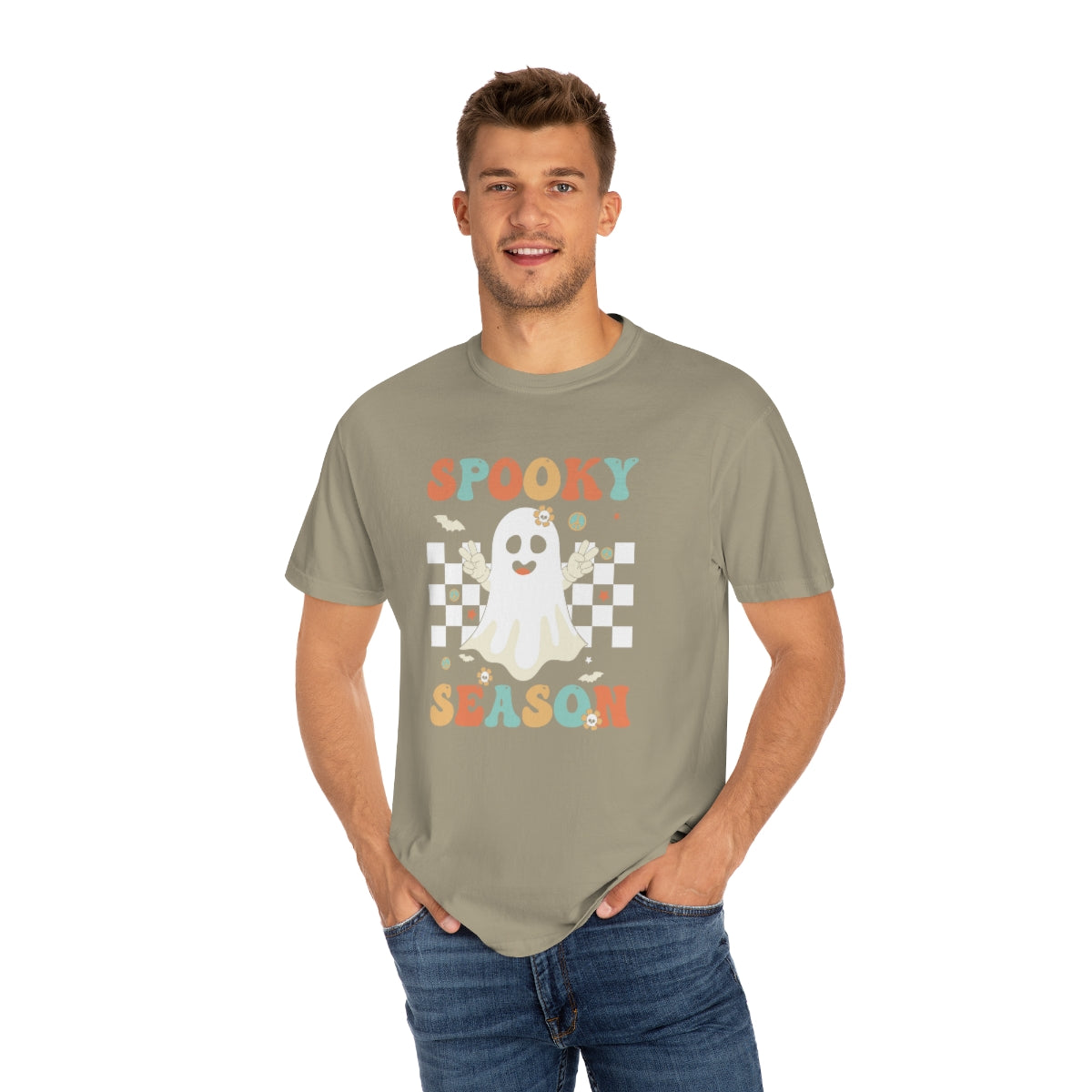 Spooky Season Halloween with Checkerboard Cute Retro Design, Halloween Tshirt, Funny Tshirt Design on Unisex Garment-Dyed T-shirt