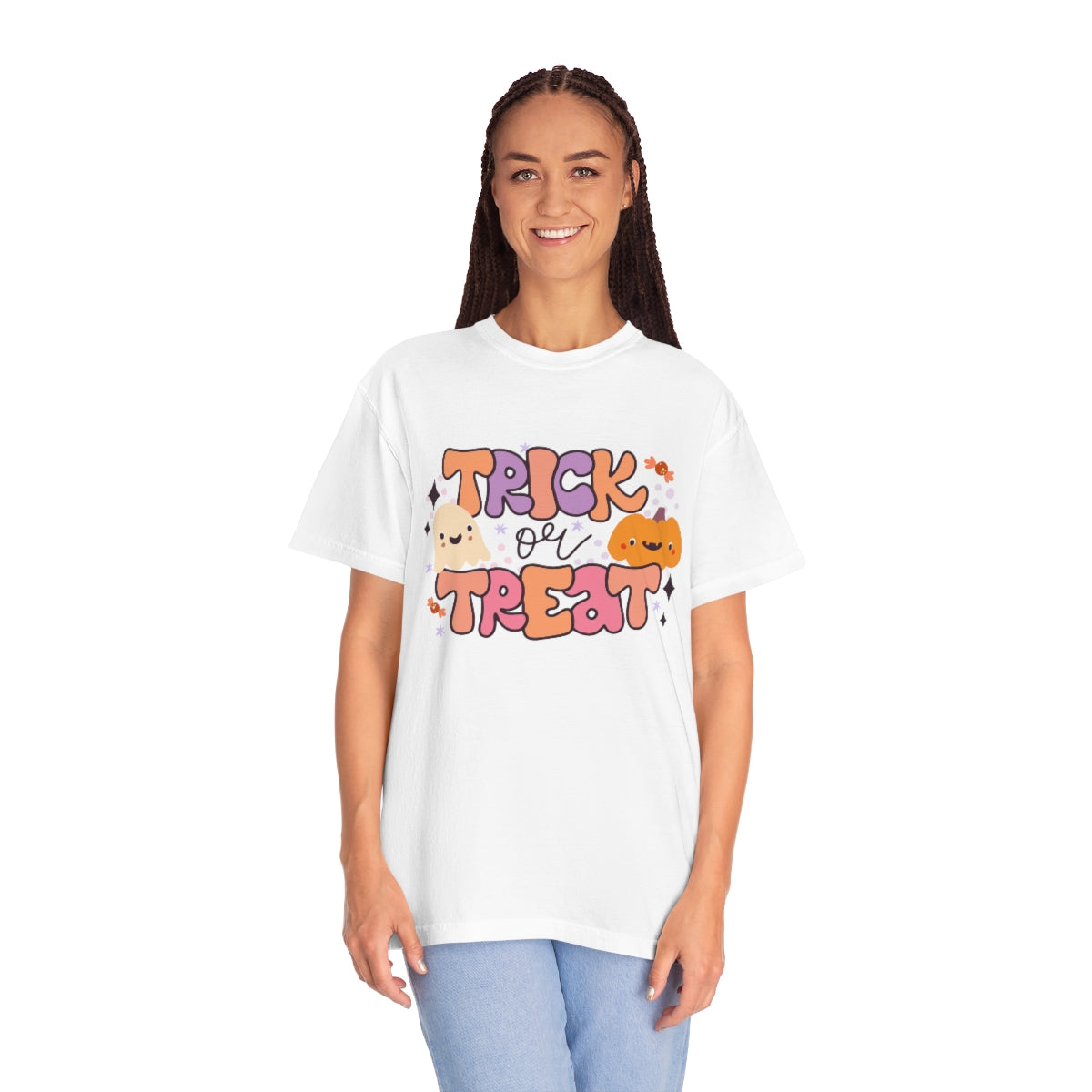 Trick or Treat Pumpkin Halloween Design, Halloween Tshirt, Funny Tshirt Design on Unisex Garment-Dyed T-shirt