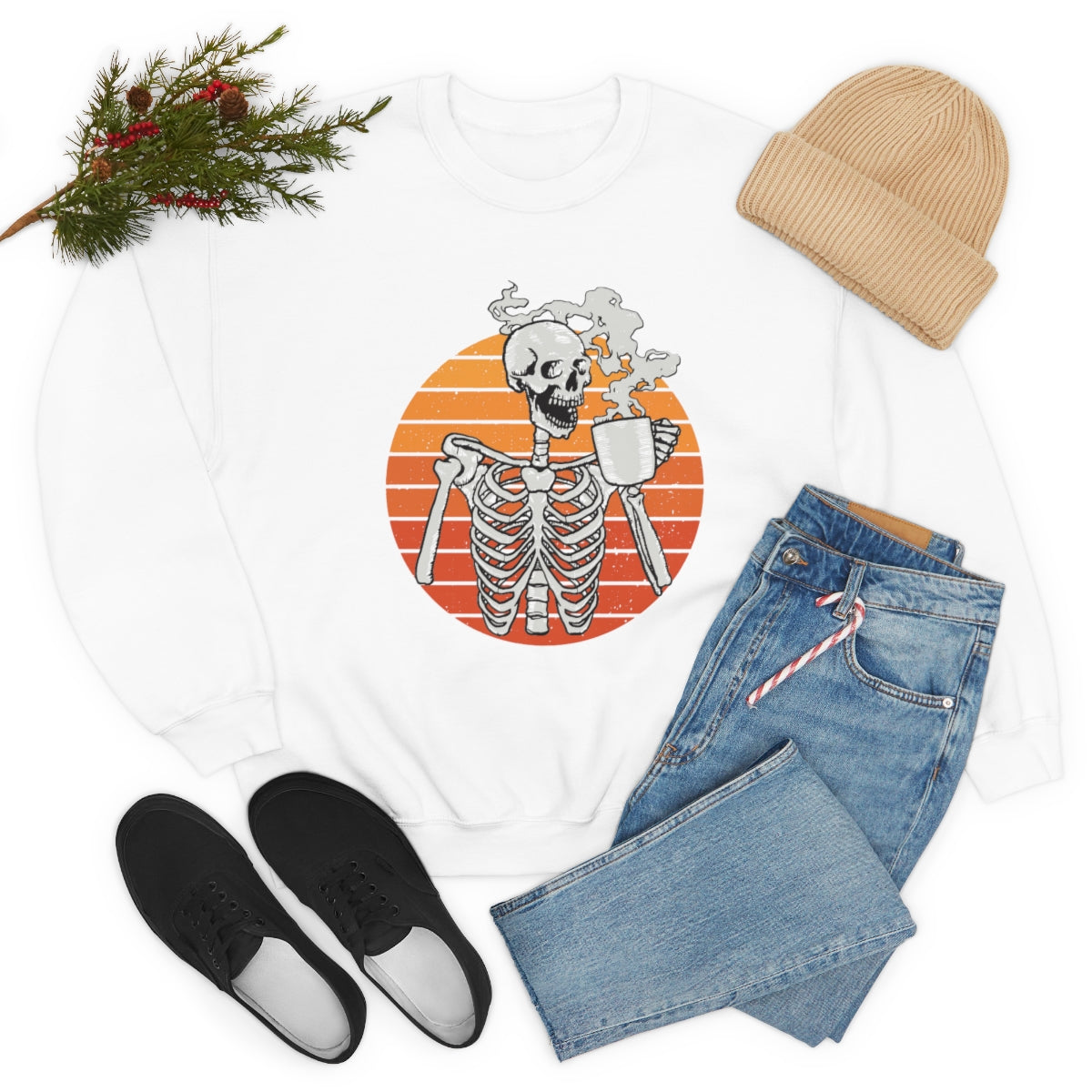 Skeleton Drinking Coffee Sweatshirt, Skeleton Sweater, Coffee Lover Sweatshirt, Halloween Crewneck Sweatshirt, Halloween Sweater, Spooky Season, Fall Shirts on Unisex Heavy Blend™ Crewneck Sweatshirt