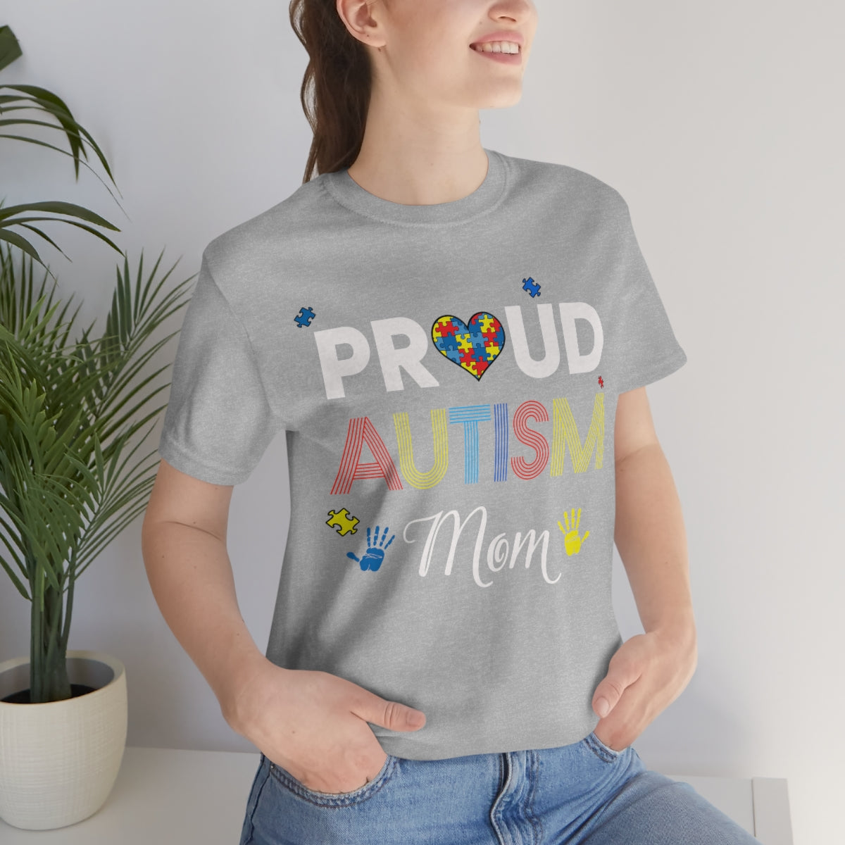 Proud Autism Mom with Handprints Puzzle Pieces Tshirt