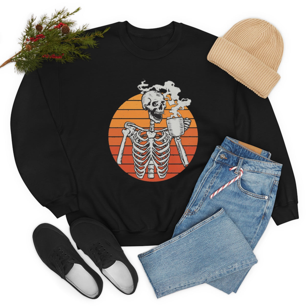 Skeleton Drinking Coffee Sweatshirt, Skeleton Sweater, Coffee Lover Sweatshirt, Halloween Crewneck Sweatshirt, Halloween Sweater, Spooky Season, Fall Shirts on Unisex Heavy Blend™ Crewneck Sweatshirt