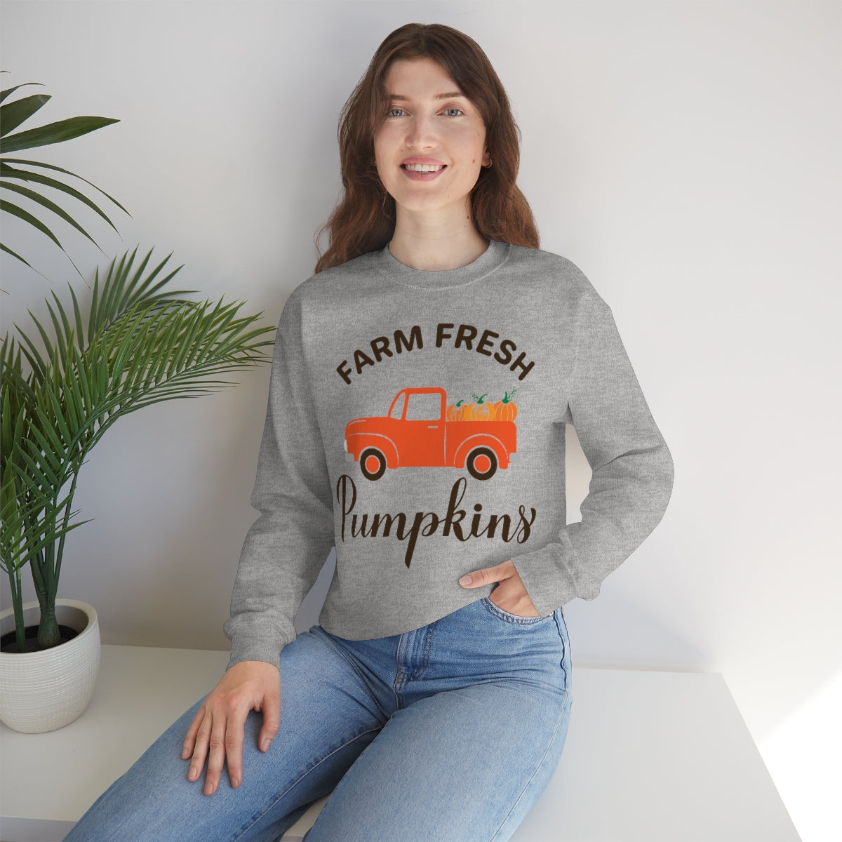 Farm Fresh Pumpkin Sweatshirt, Halloween Crewneck Sweatshirt, Halloween Sweater, Spooky Season, Fall Theme on Unisex Heavy Blend™ Crewneck Sweatshirt