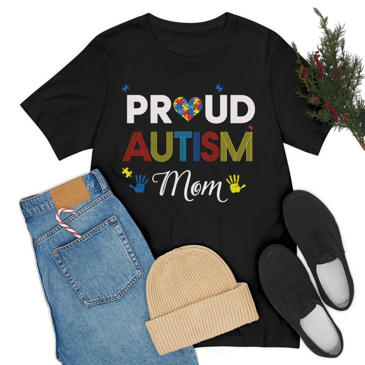 Proud Autism Mom with Handprints Puzzle Pieces Tshirt