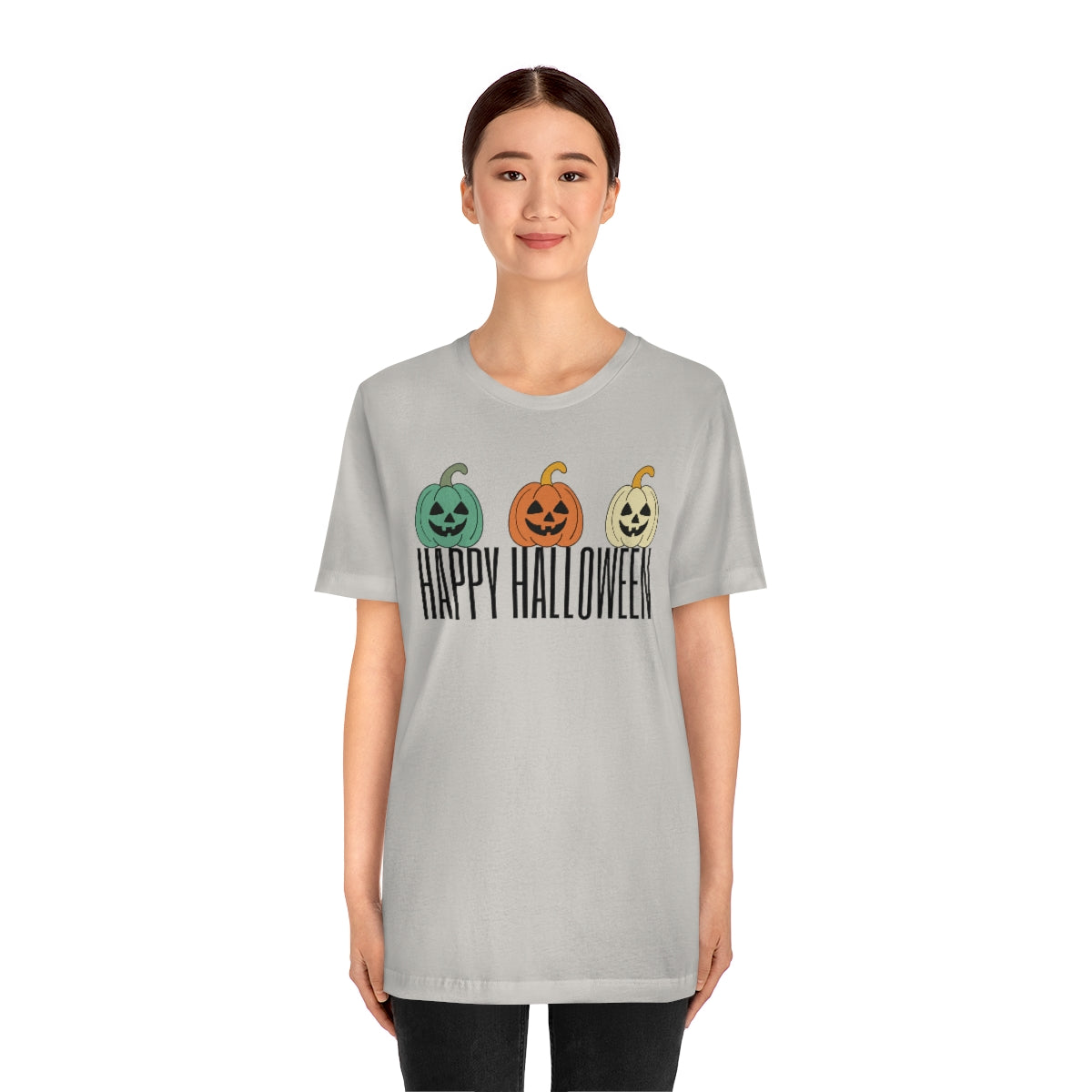 Three Pumpkins Retro Cute Happy Halloween TShirt Design on Unisex Jersey Short Sleeve Tee