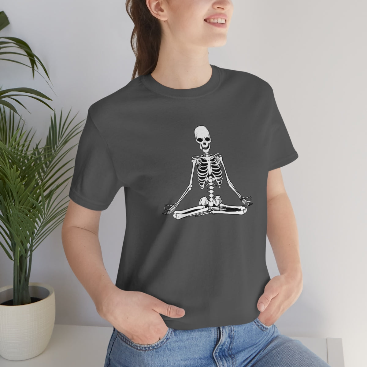 Meditating Yoga Skeleton TShirt, Funny Shirt, Namaste Skeleton, Halloween Lover Gift on Unisex Jersey Short Sleeve Tee