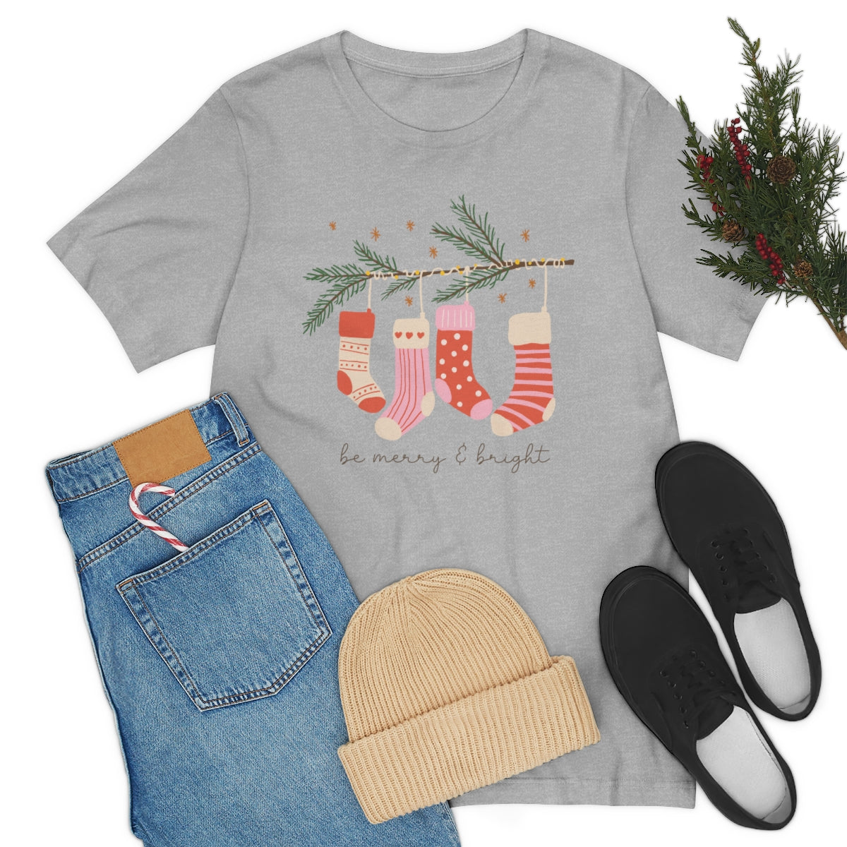 Be Merry & Bright Stockings Christmas Tshirt