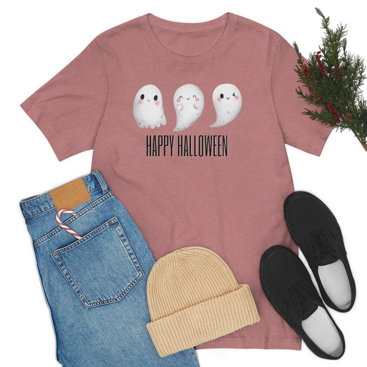 Three Ghosts Cute Happy Halloween Tshirt, Funny TShirt Design on Unisex Jersey Short Sleeve Tee