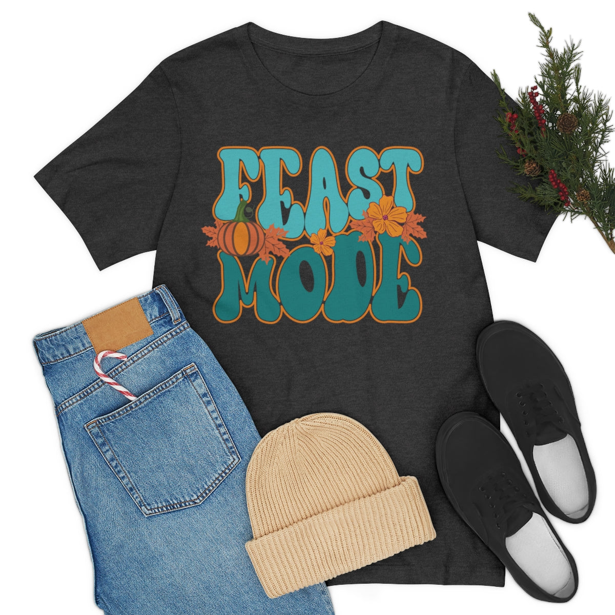 Feast Mode Cute Thanksgiving Tshirt Design | Thanksgiving TShirt | Thanksgiving T-Shirt | Thanksgiving Teeshirt Design on Unisex Jersey Short Sleeve Tee