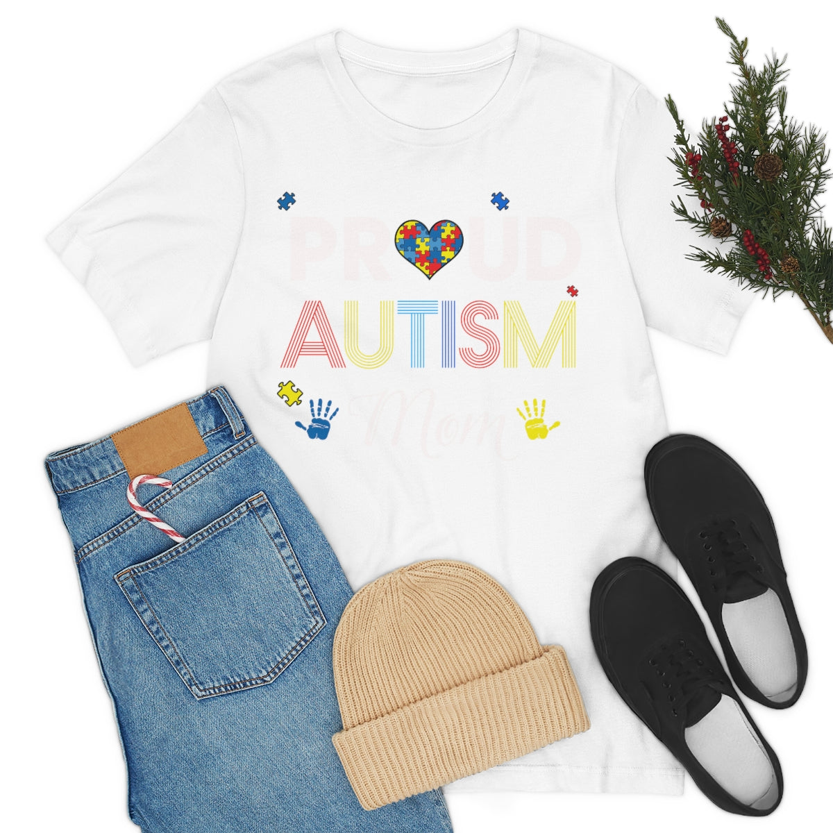 Proud Autism Mom with Handprints Puzzle Pieces Tshirt