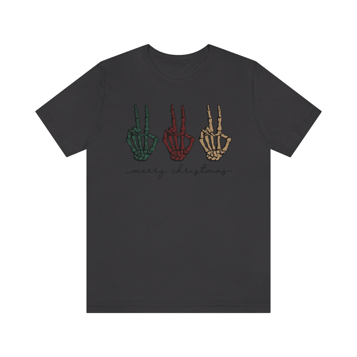 Three Peace Signs Skeleton Hands Spooky Merry Christmas Script Tshirt