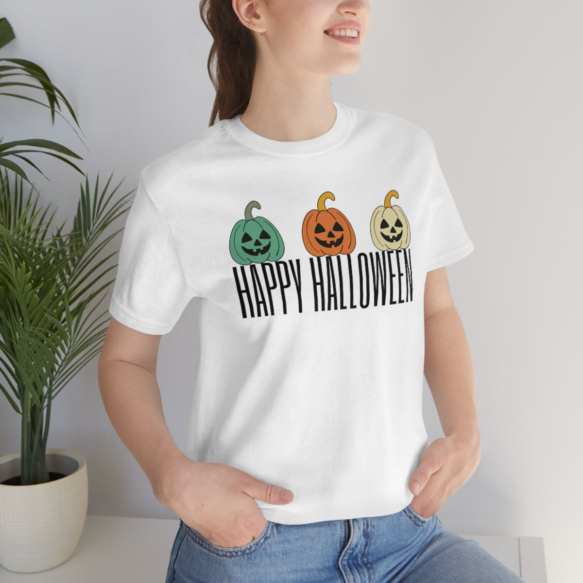 Three Pumpkins Retro Cute Happy Halloween TShirt Design on Unisex Jersey Short Sleeve Tee