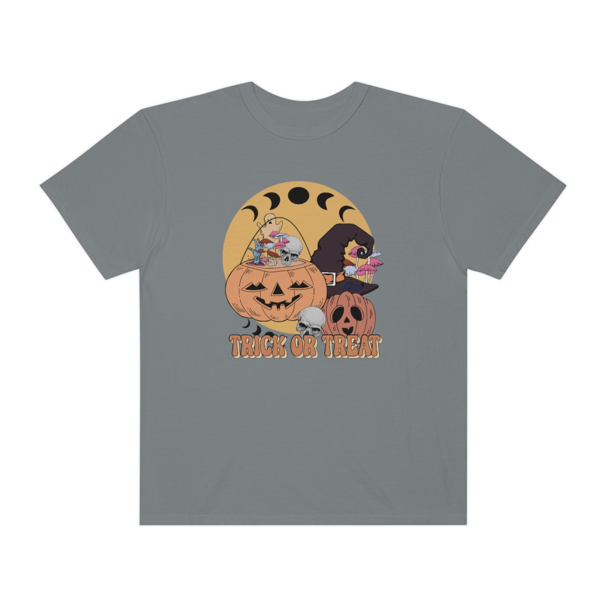 Trick or Treat Retro Vintage Style Halloween Teeshirt Design on Unisex Garment-Dyed T-shirt