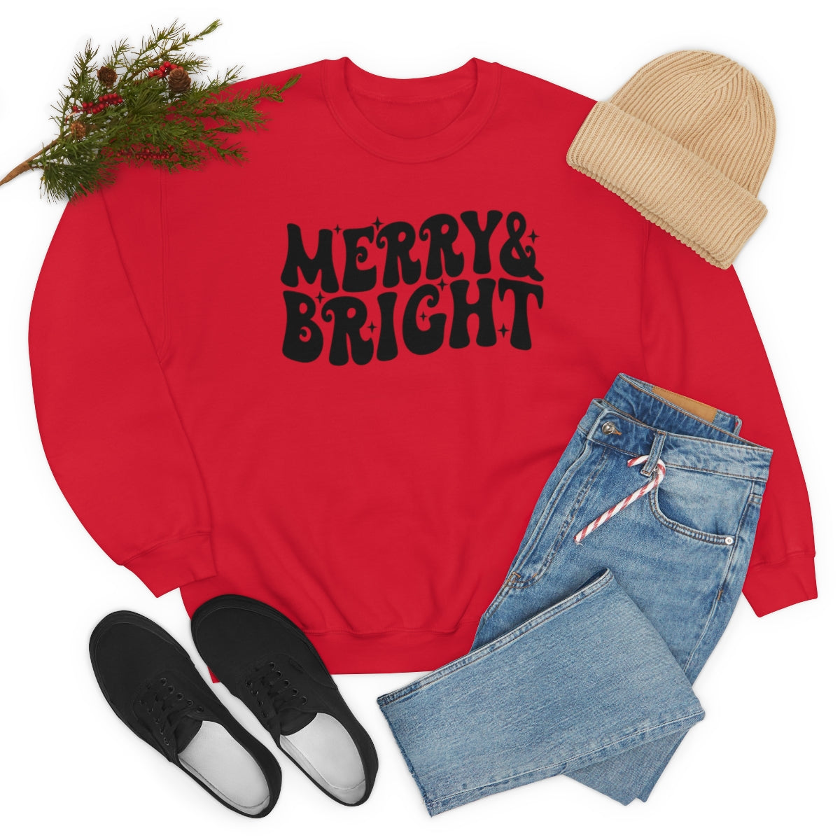 Merry and Bright Retro Lettering Design on Unisex Heavy Blend™ Crewneck Sweatshirt