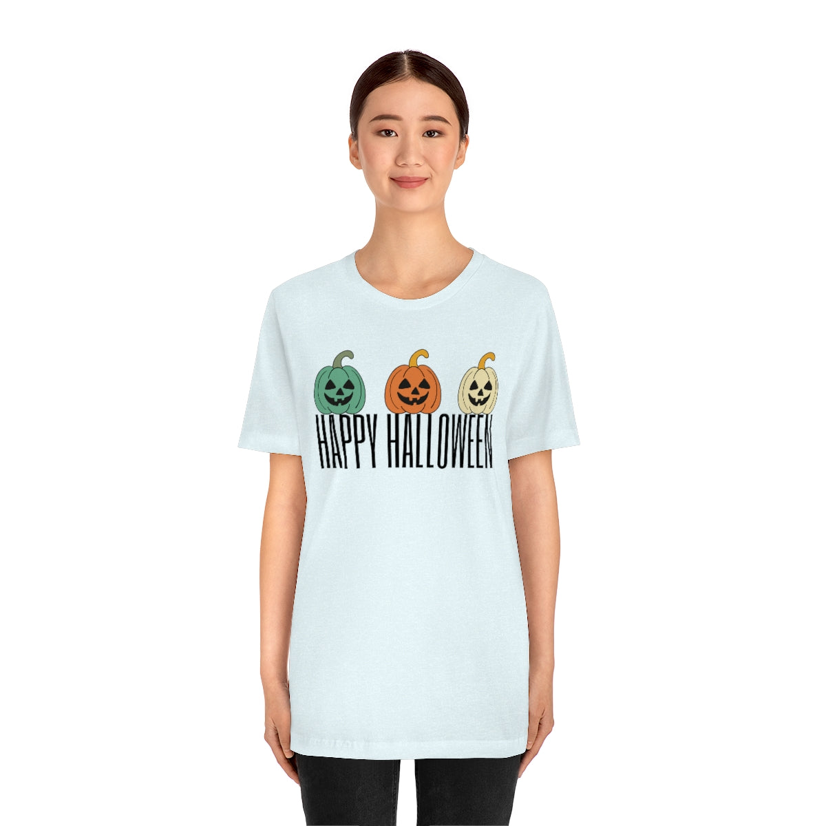 Three Pumpkins Retro Cute Happy Halloween TShirt Design on Unisex Jersey Short Sleeve Tee