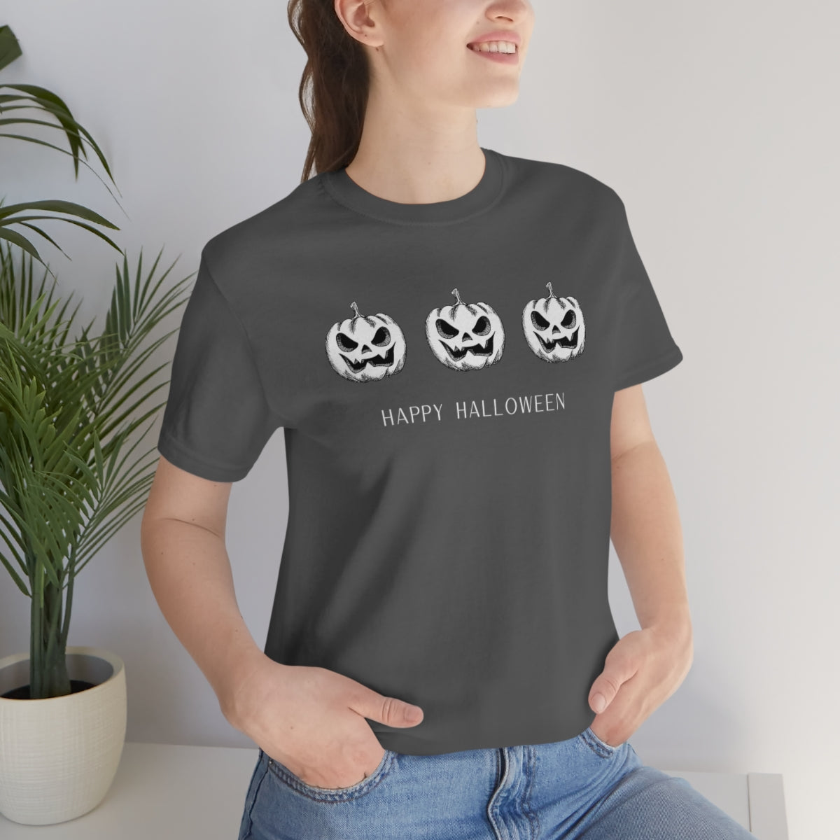 Three Pumpkin Happy Halloween, Pumpkin Tshirt, Funny TShirt Design on Unisex Jersey Short Sleeve Tee