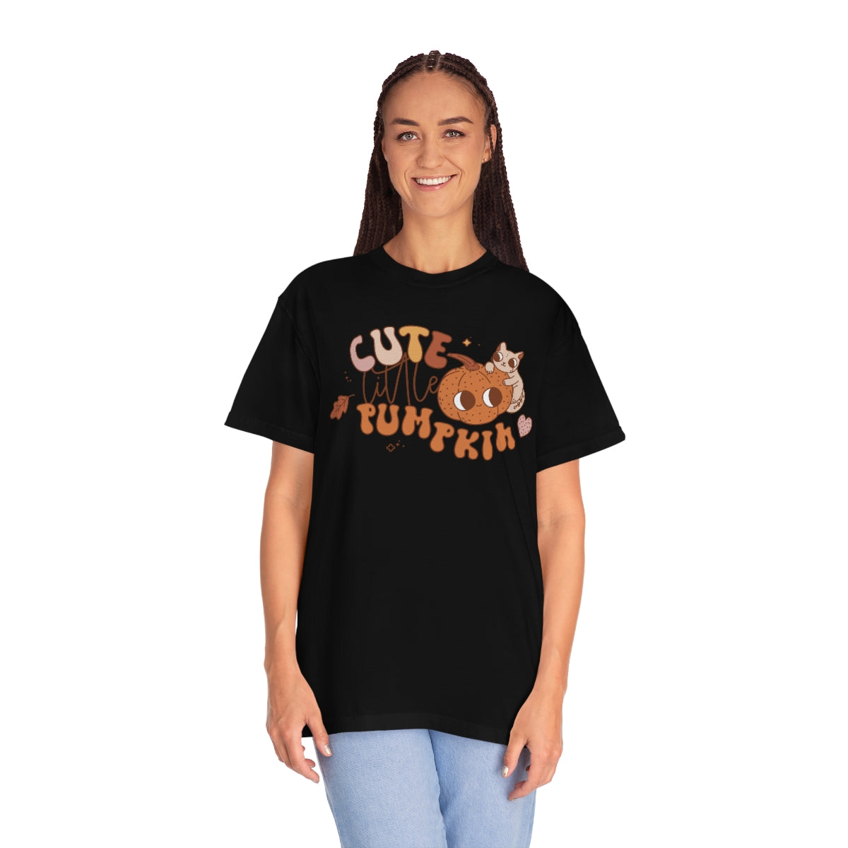 Cute Little Pumpkin with Black Cat and Retro Lettering Design, Halloween Tshirt, Funny Tshirt Design on Unisex Garment-Dyed T-shirt