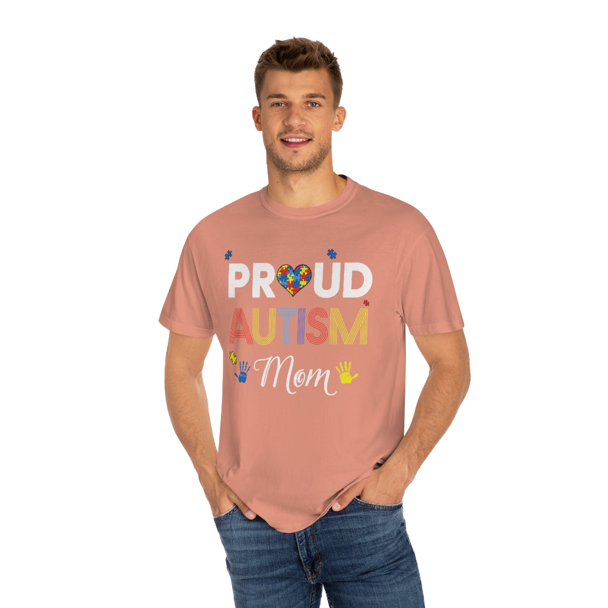 Proud Autism Mom with Hands Puzzle Pieces Autism Awareness Tshirt