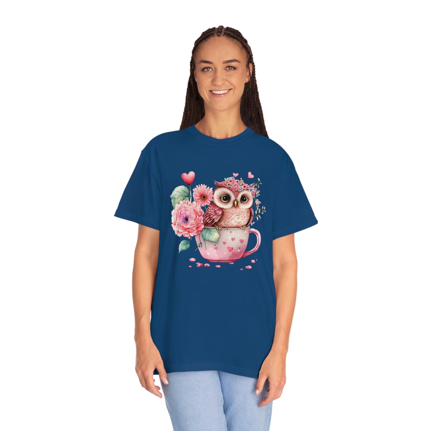 Cute Valentines Day Owl in Coffee Cup with Flowers Tshirt