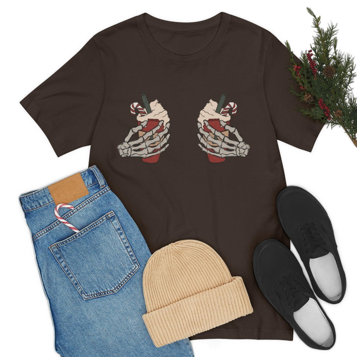 Skeleton Hands Starbucks Cups Breasts Funny Christmas Holiday Tshirt