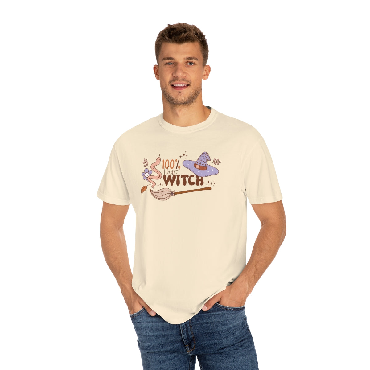 100% that Witch Cute Retro Lettering Design, Halloween Tshirt, Funny Tshirt Design on Unisex Garment-Dyed T-shirt