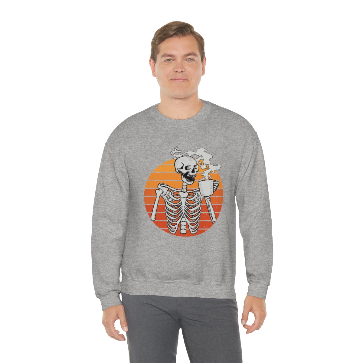 Skeleton Drinking Coffee Sweatshirt, Skeleton Sweater, Coffee Lover Sweatshirt, Halloween Crewneck Sweatshirt, Halloween Sweater, Spooky Season, Fall Shirts on Unisex Heavy Blend™ Crewneck Sweatshirt