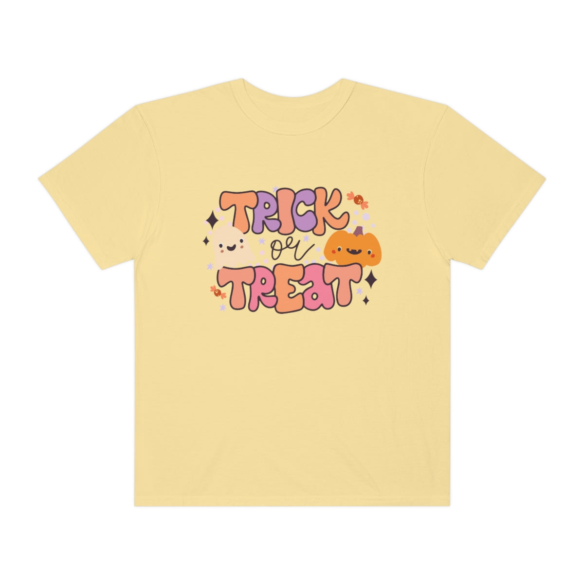 Trick or Treat Pumpkin Halloween Design, Halloween Tshirt, Funny Tshirt Design on Unisex Garment-Dyed T-shirt