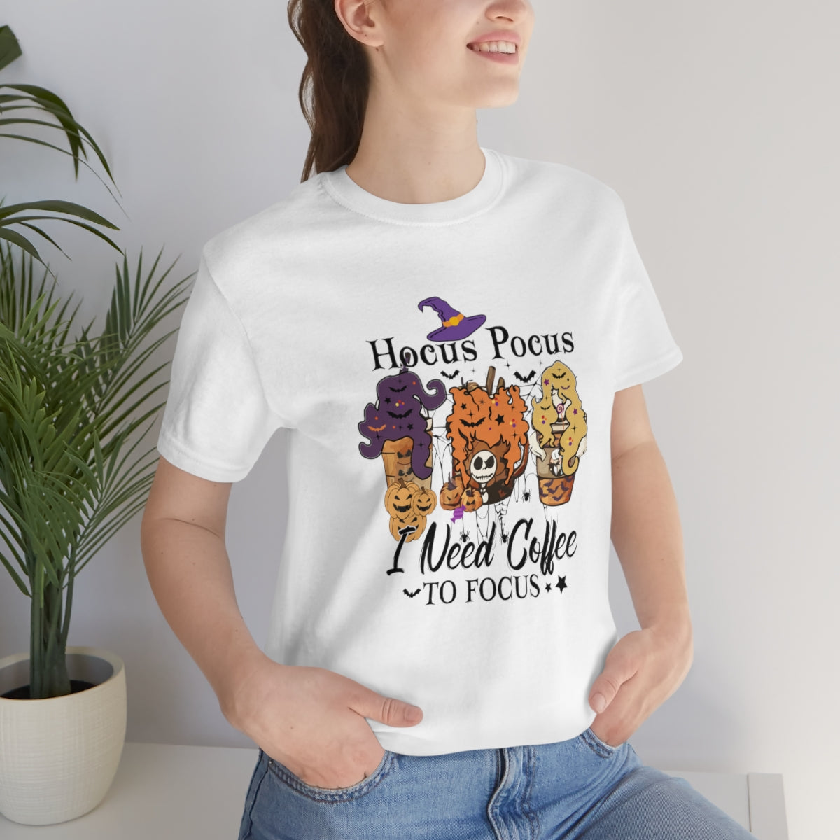 Hocus Pocus, I Need Coffee to Focus Halloween Tshirt, Funny Halloween T-Shirt Design on Unisex Jersey Short Sleeve Tee