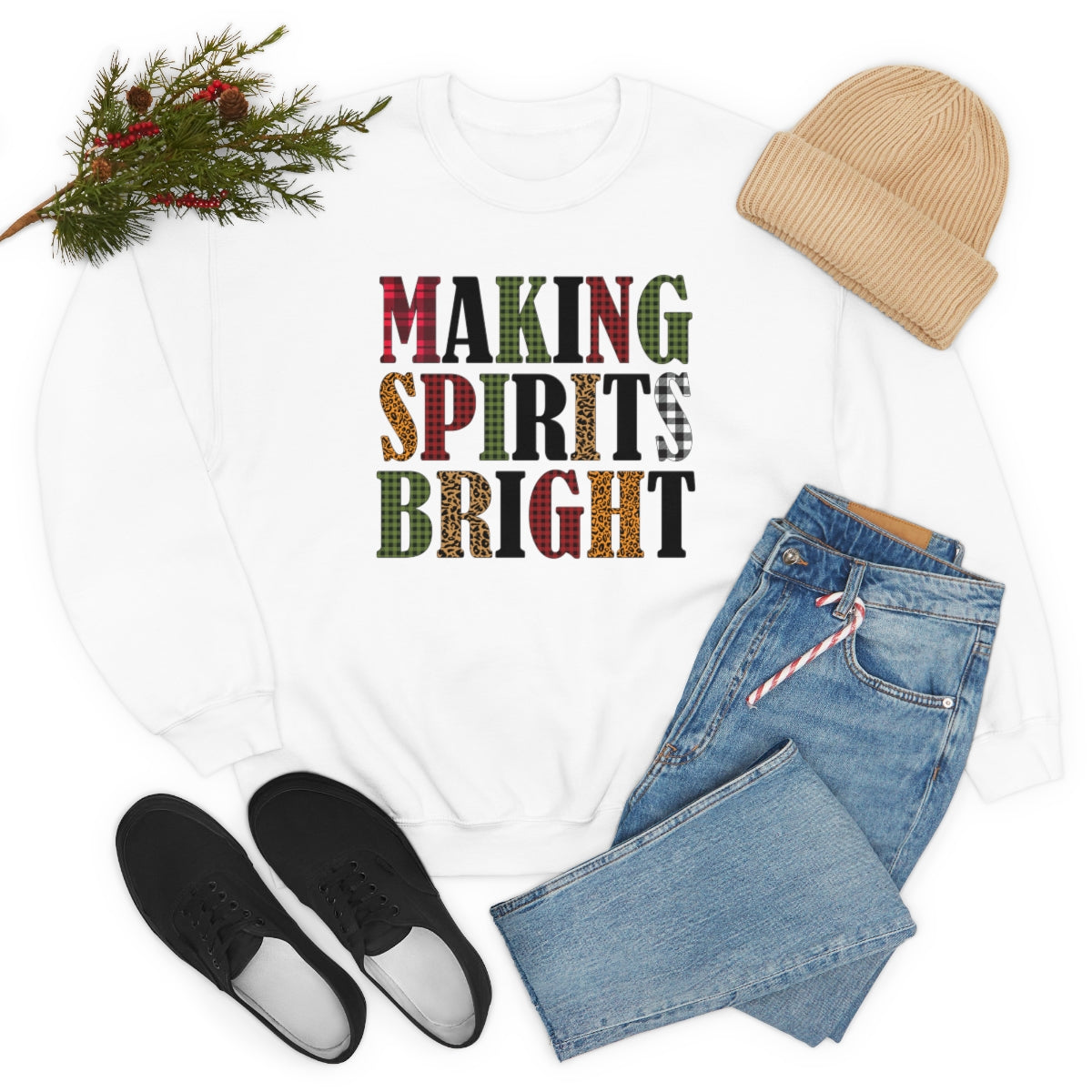 Making Spirits Bright Plaid Lettering Christmas Sweatshirt