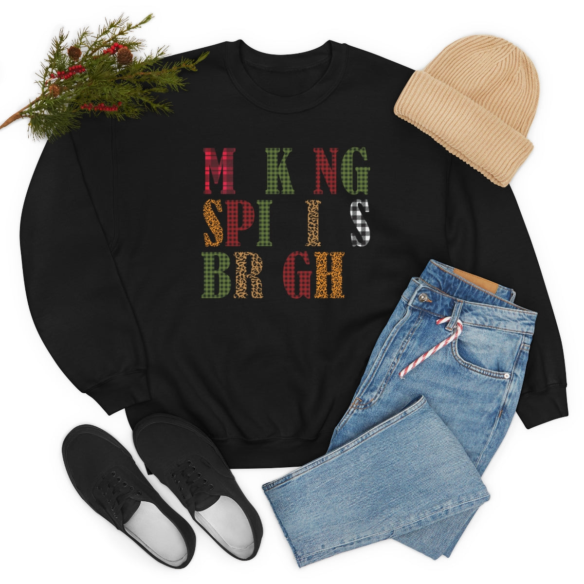 Making Spirits Bright Plaid Lettering Christmas Sweatshirt