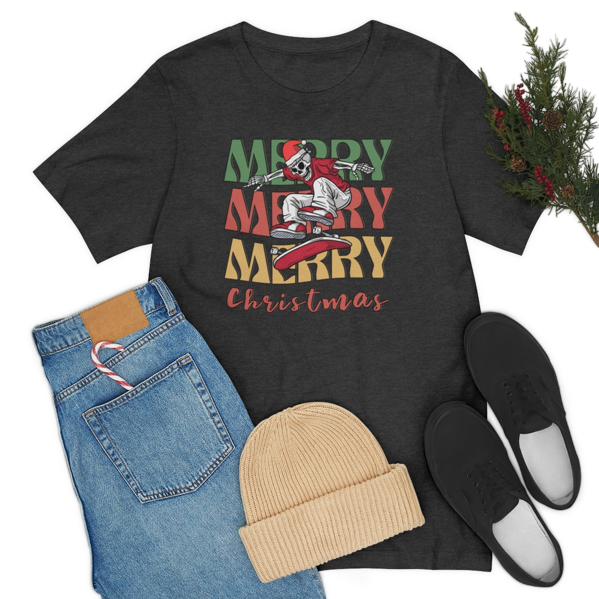 Merry Christmas Skeleton Skateboarding Retro Christmas Tshirt