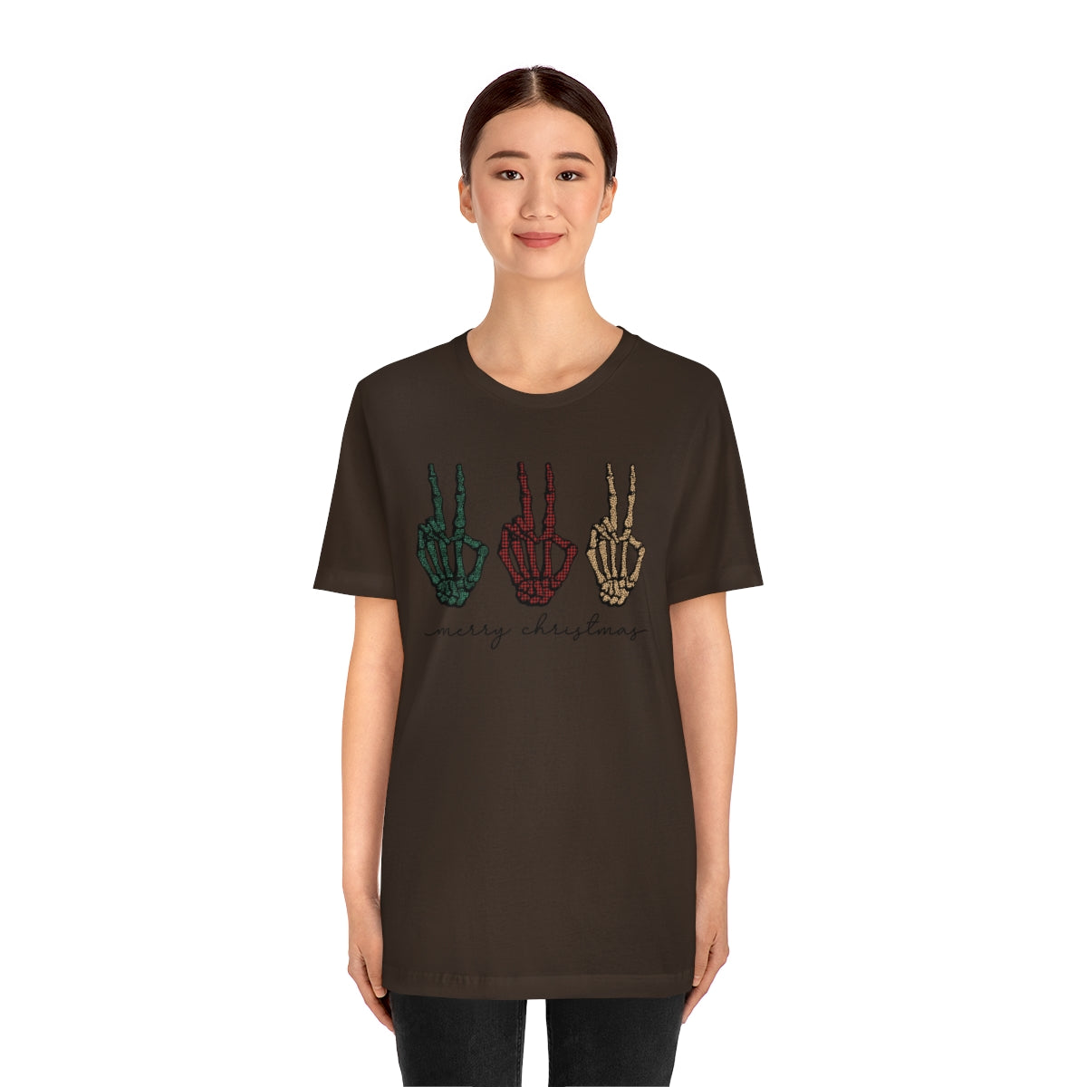 Three Peace Signs Skeleton Hands Spooky Merry Christmas Script Tshirt