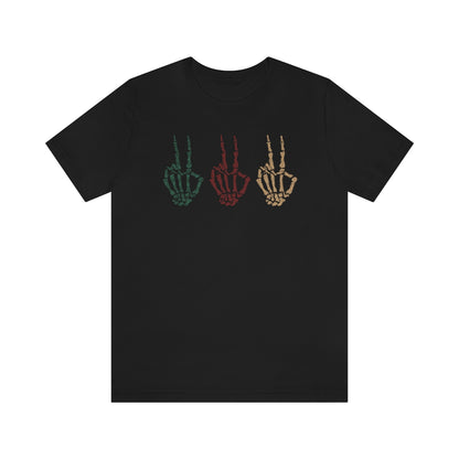 Three Peace Signs Skeleton Hands Spooky Merry Christmas Script Tshirt