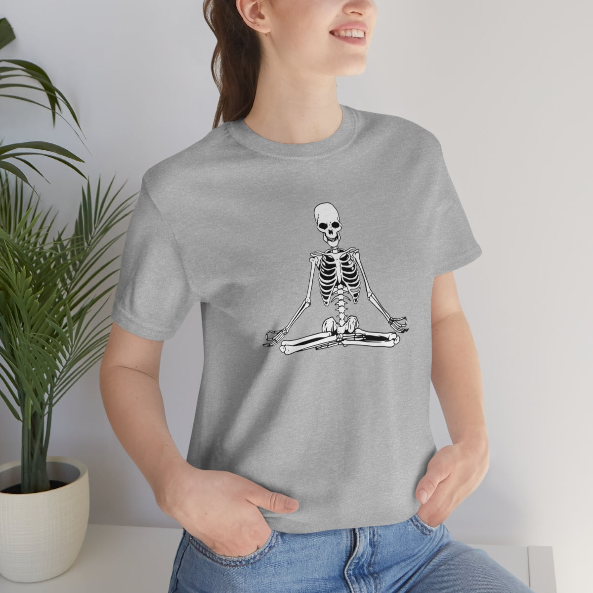 Meditating Yoga Skeleton TShirt, Funny Shirt, Namaste Skeleton, Halloween Lover Gift on Unisex Jersey Short Sleeve Tee