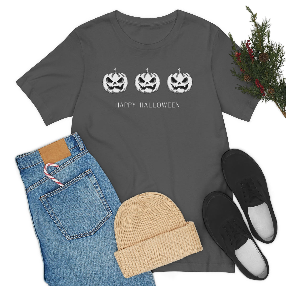 Three Pumpkin Happy Halloween, Pumpkin Tshirt, Funny TShirt Design on Unisex Jersey Short Sleeve Tee