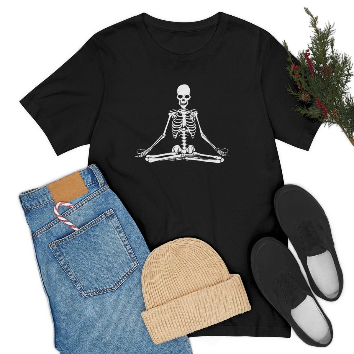 Meditating Yoga Skeleton TShirt, Funny Shirt, Namaste Skeleton, Halloween Lover Gift on Unisex Jersey Short Sleeve Tee