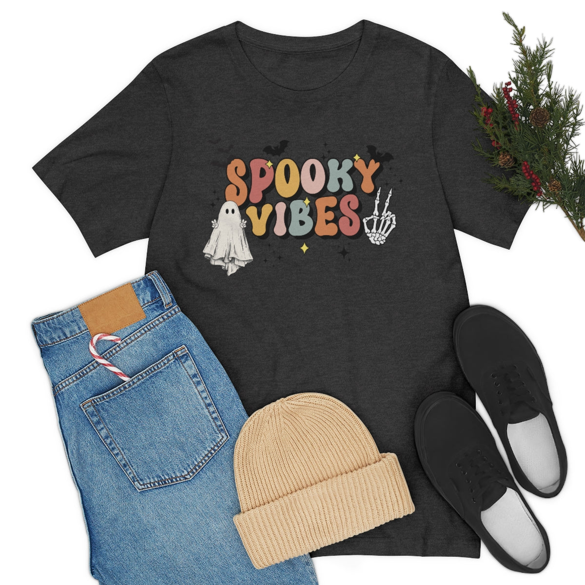 Spooky Vibes Retro Letters with Ghost TShirt, Funny Shirt, Halloween Lover Gift on Unisex Jersey Short Sleeve Tee