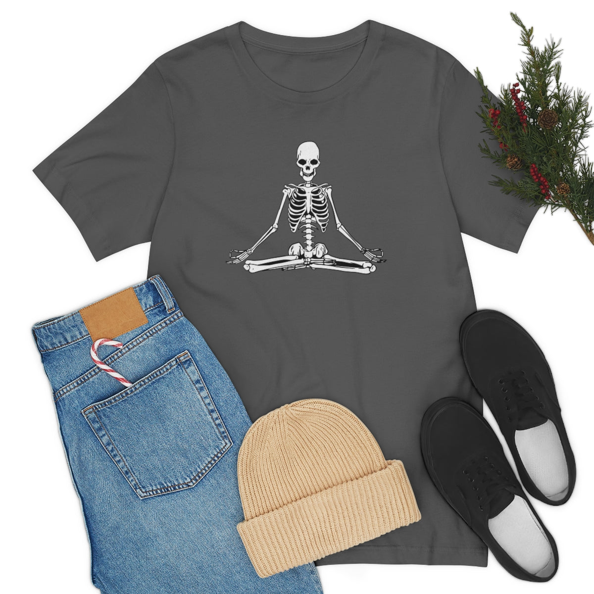 Meditating Yoga Skeleton TShirt, Funny Shirt, Namaste Skeleton, Halloween Lover Gift on Unisex Jersey Short Sleeve Tee