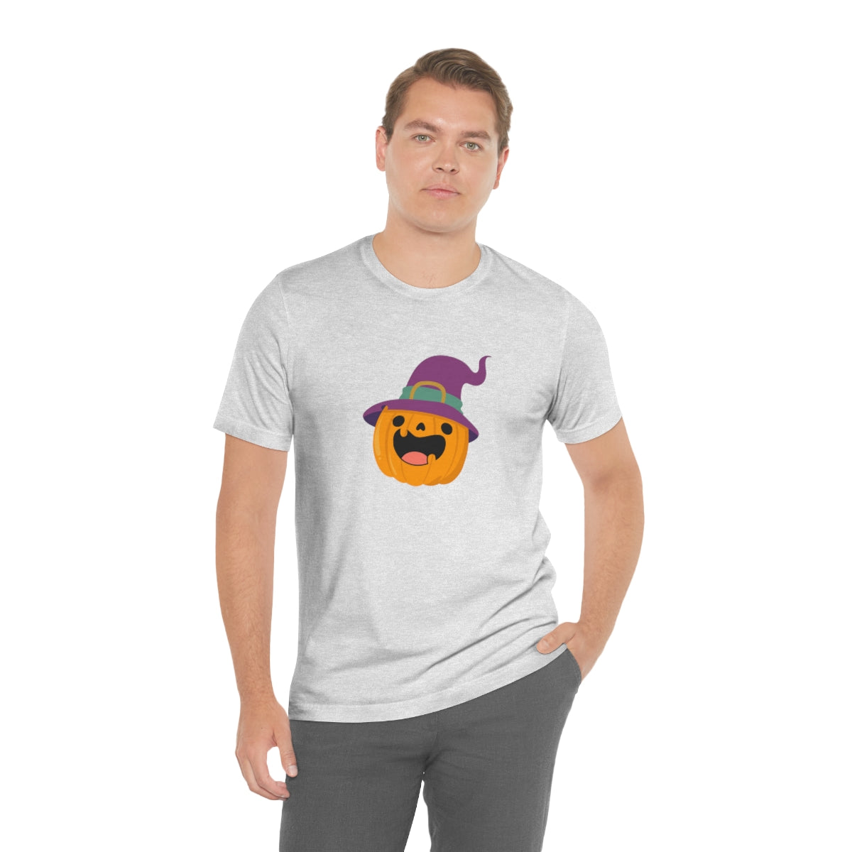 Pumpkin with Purple Hat Happy Halloween Tshirt, Funny Halloween T-Shirt Design on Unisex Jersey Short Sleeve Tee