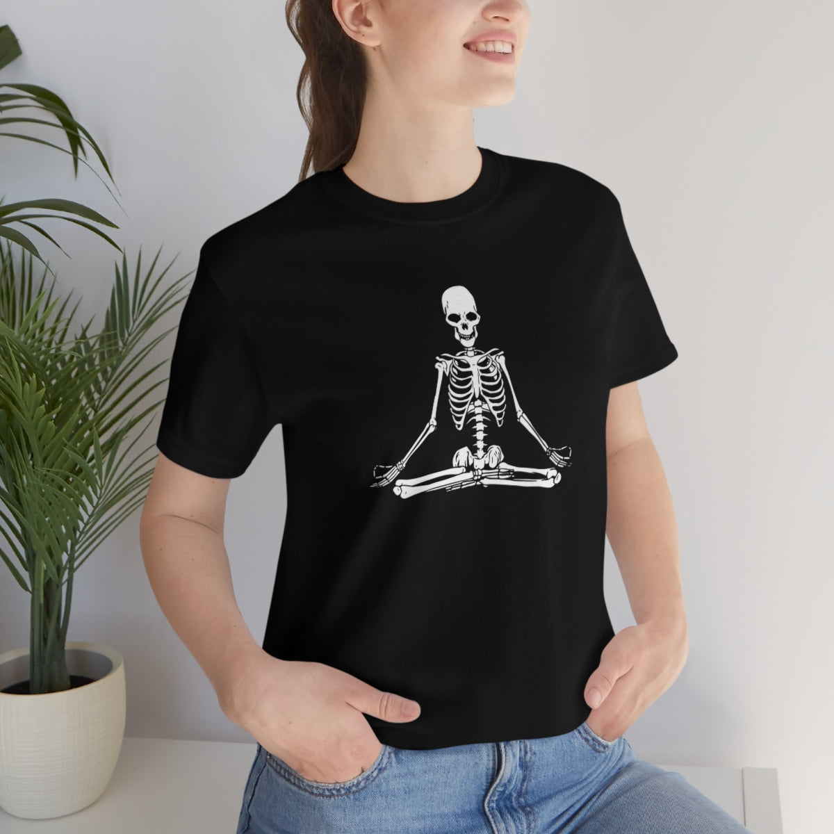 Meditating Yoga Skeleton TShirt, Funny Shirt, Namaste Skeleton, Halloween Lover Gift on Unisex Jersey Short Sleeve Tee