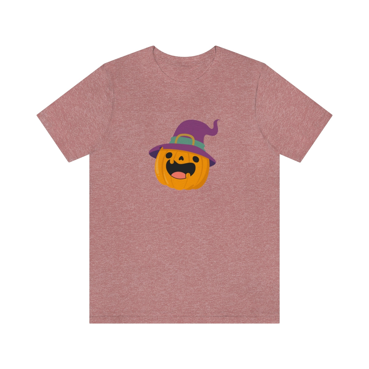 Pumpkin with Purple Hat Happy Halloween Tshirt, Funny Halloween T-Shirt Design on Unisex Jersey Short Sleeve Tee