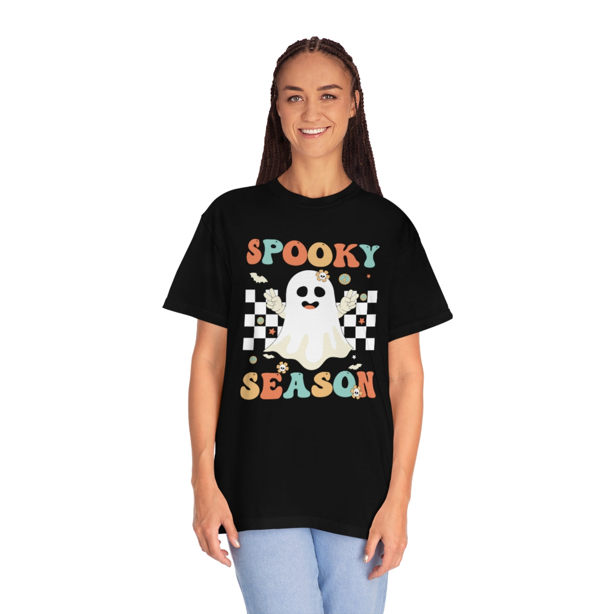 Spooky Season Halloween with Checkerboard Cute Retro Design, Halloween Tshirt, Funny Tshirt Design on Unisex Garment-Dyed T-shirt