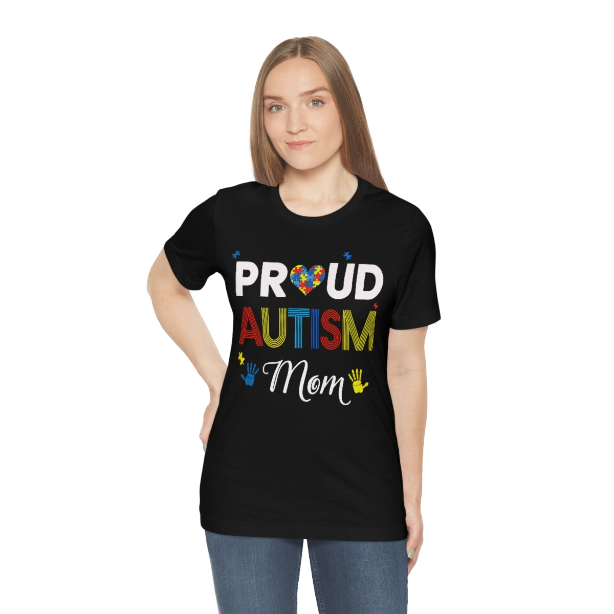 Proud Autism Mom with Handprints Puzzle Pieces Tshirt